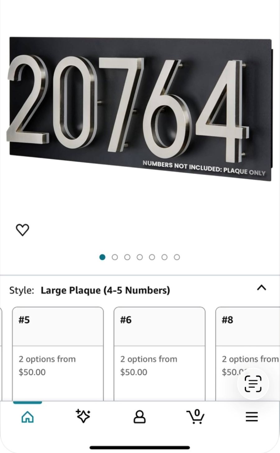 Amazon house number sign listing at $50 — plaque only, numbers not included. The fine print your curb appeal didn't read.