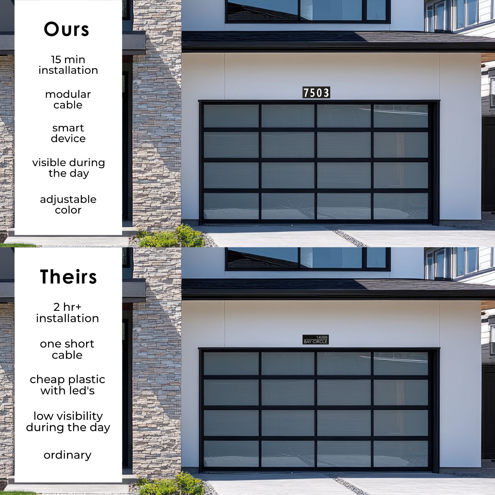 House number comparison: regular vs modern illuminated smart house numbers showing the visibility difference at night