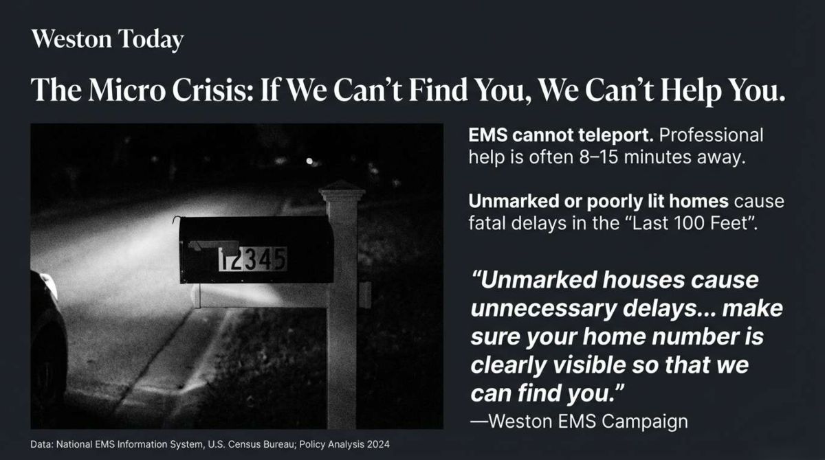 The Micro Crisis infographic: If We Can't Find You, We Can't Help You — showing a dimly lit mailbox at night illustrating the Last 100 Feet problem where unmarked homes cause fatal delays in emergency response