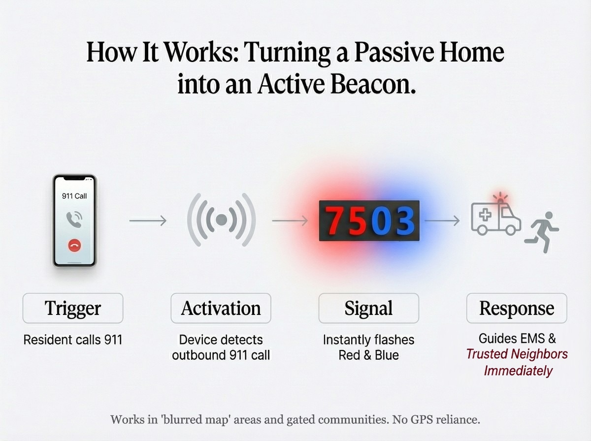 How Glomensio Firefly illuminated house numbers work: resident calls 911, device detects the outbound call, address instantly flashes red and blue to guide EMS and trusted neighbors to the home immediately