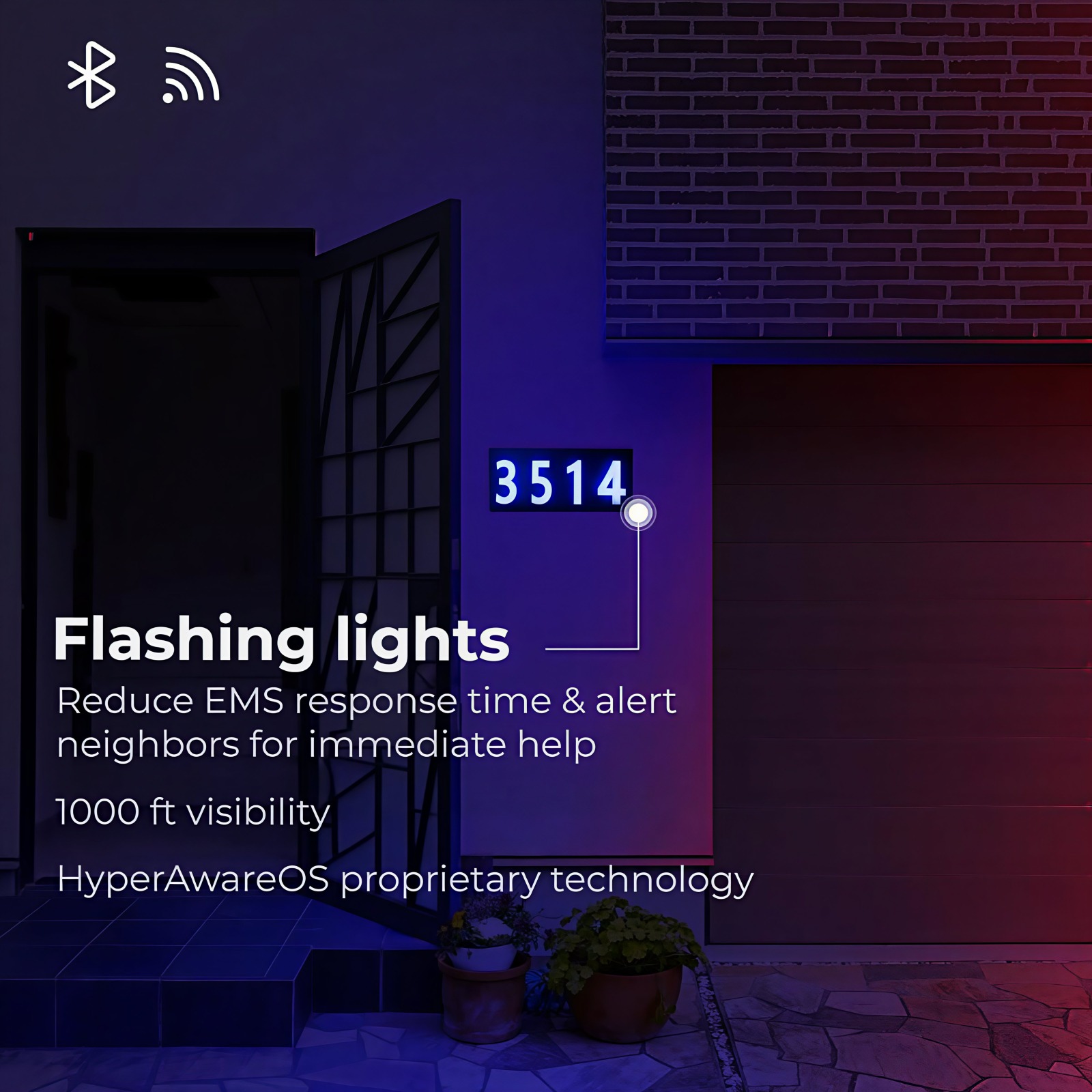 Glomensio Firefly in 911 emergency mode with red and blue flashing beacon visible from over 1000 feet
