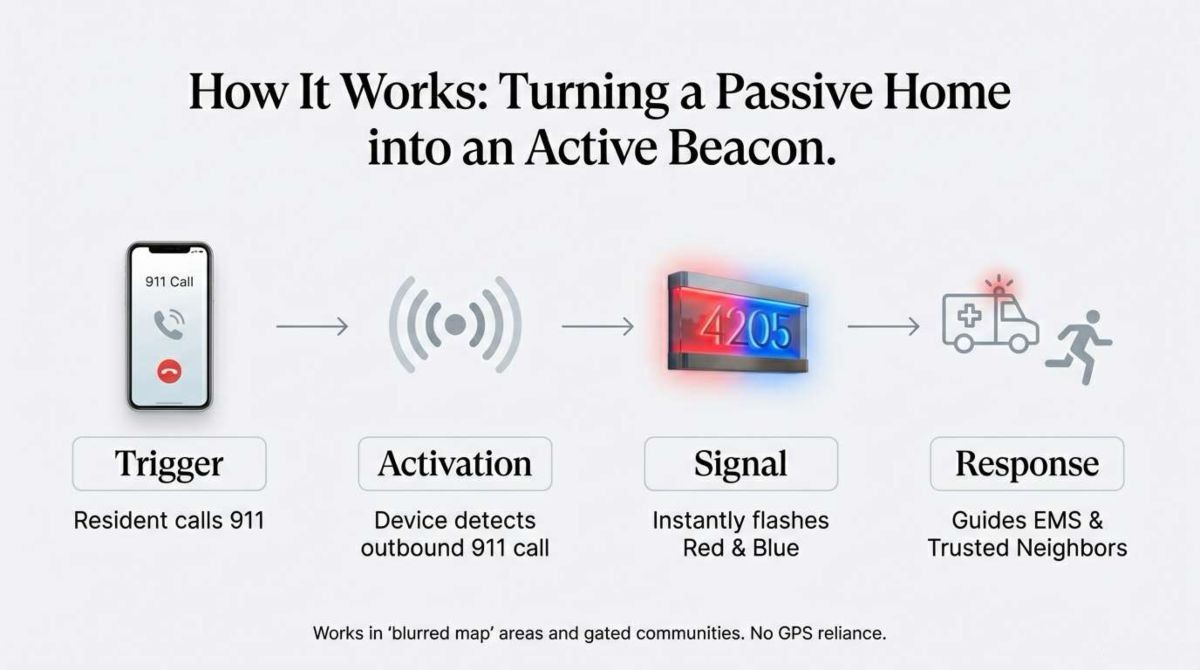 How the Glomensio Firefly works: 911 call triggers automatic activation, device flashes red and blue, guides EMS and trusted neighbors to your home — no GPS reliance