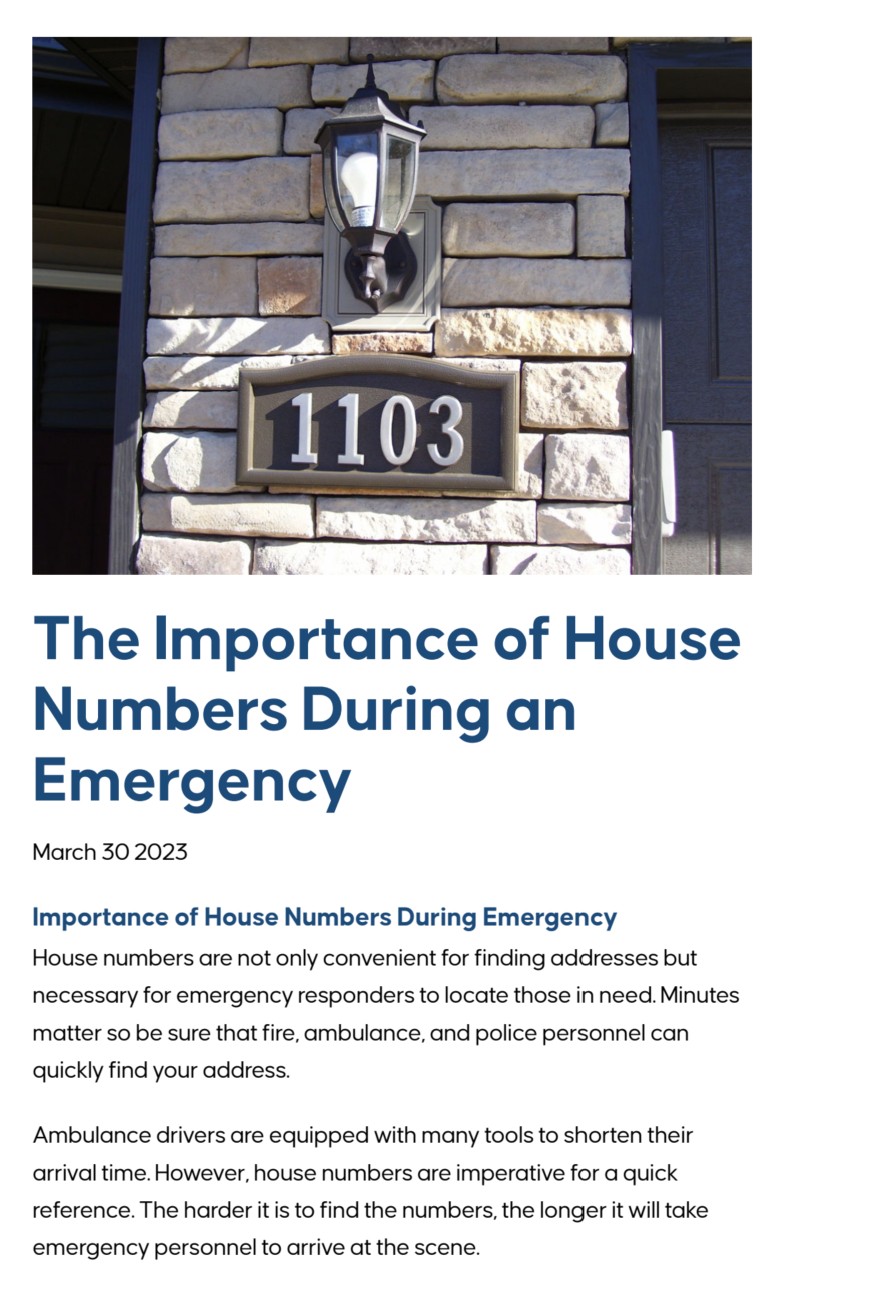 The Importance of House Numbers During an Emergency — article from My Neighborhood News showing house number 1103 and explaining why visible house numbers are critical for fire, ambulance, and police response times