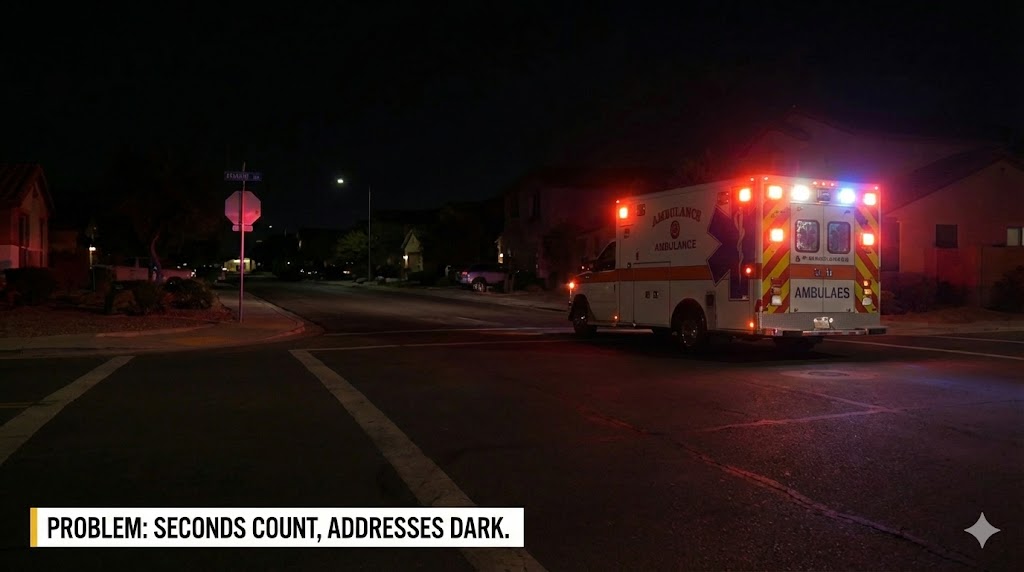 Glomensio Firefly illuminated house numbers installed on suburban home — HOA-compliant emergency response address sign