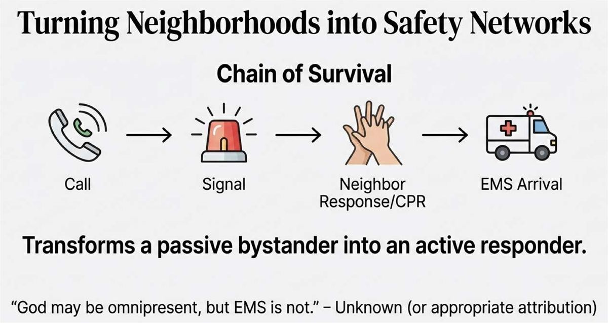 The chain of survival: a 911 call, the illuminated address signal, immediate neighbor CPR, then EMS arrival — turning neighborhoods into safety networks