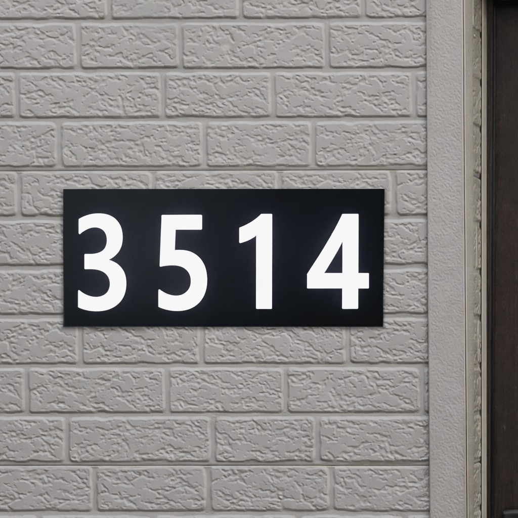 Glomensio Firefly smart house number in daytime mode showing high-contrast readable numbers on a suburban facade