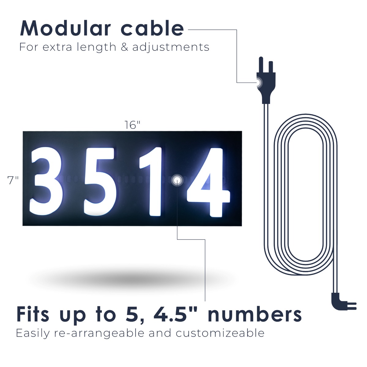 Glomensio Firefly illuminated house number specifications — 16 by 7 by 1 inch, modular 40-ft cable, snap-on digits, landscape orientation