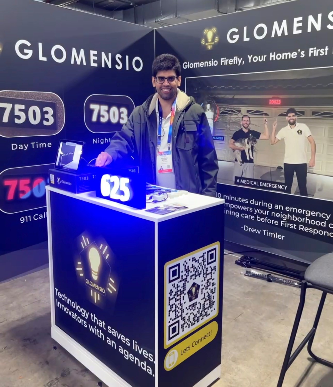 Gaurav Batta, inventor of Glomensio Firefly illuminated house numbers, presenting smart home safety technology at CES 2025