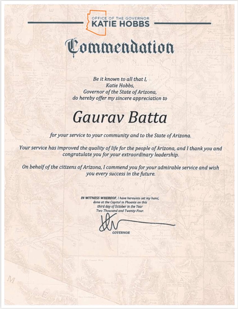 Governor Katie Hobbs Commendation for Extraordinary Leadership awarded to Gaurav Batta, founder of Glomensio illuminated house numbers, for advancing public safety in Arizona
