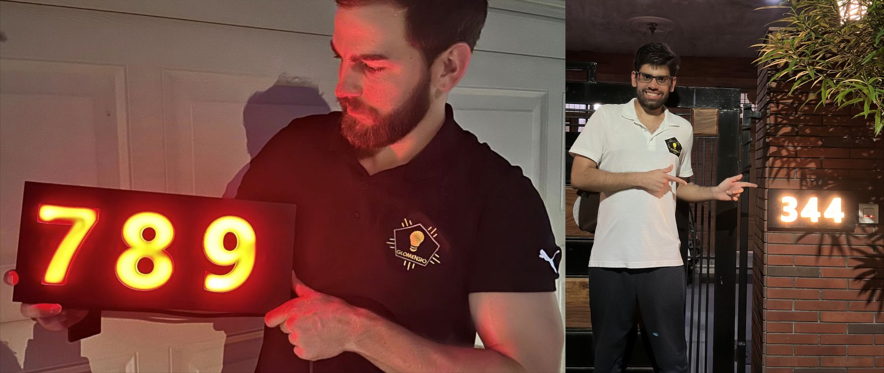 Gaurav Batta with business partner Drew Timler with early Gen 1 illuminated house number prototypes showing the evolution from first prototype to deployed product